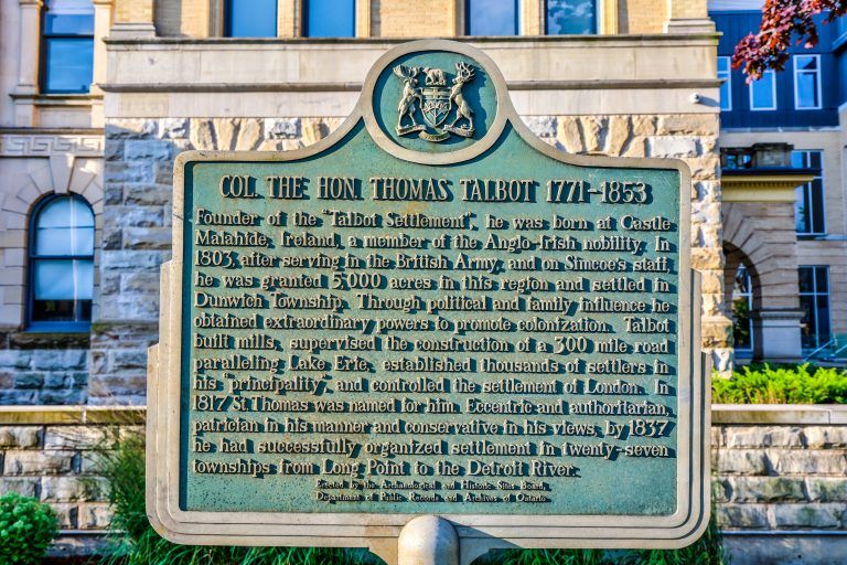 Ontario heritage plaque for Col. The Hon. Thomas Talbot, 1771–1853, in front of the courthouse.